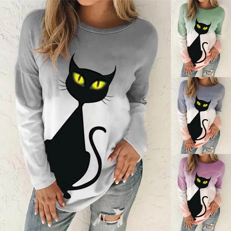 

Spring Gradient Tie Dye Funny Cute Cat Printed T-shirt Women's Long Sleeved Loose O-Neck Tops Fashion Casual Oversize Pullovers