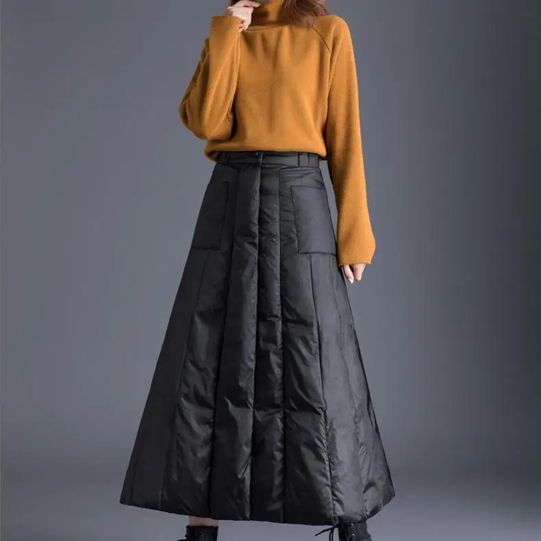 Duck Down Plus Size Winter Maxi Skirts Womens Black Vintage 2022 High Waist Clothes Casual Loose Quilt Long for Women 3XL | Женская