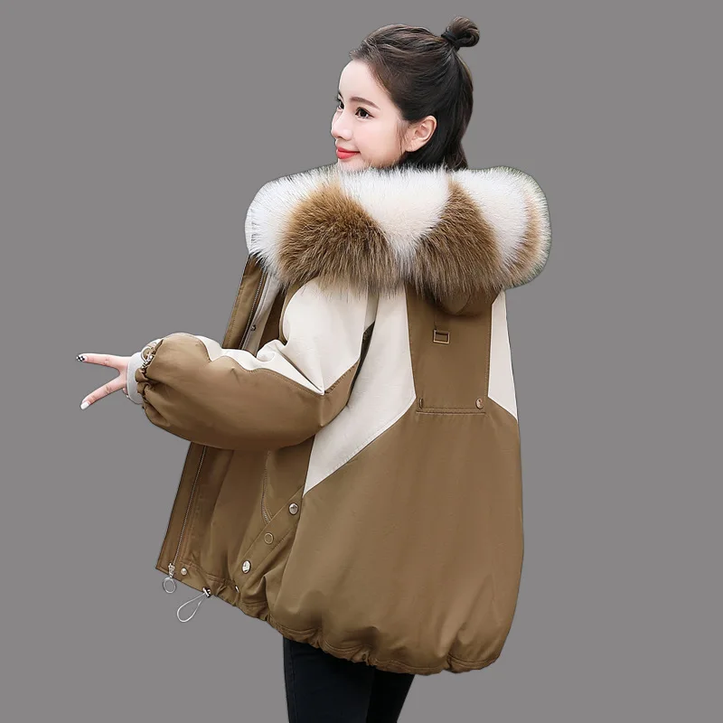 2022 Winter New Women Parka Down Jacket Fashion Design Sense Stitching Casual Loose Plus Velvet Warm Fur Collar Plus Size Coat