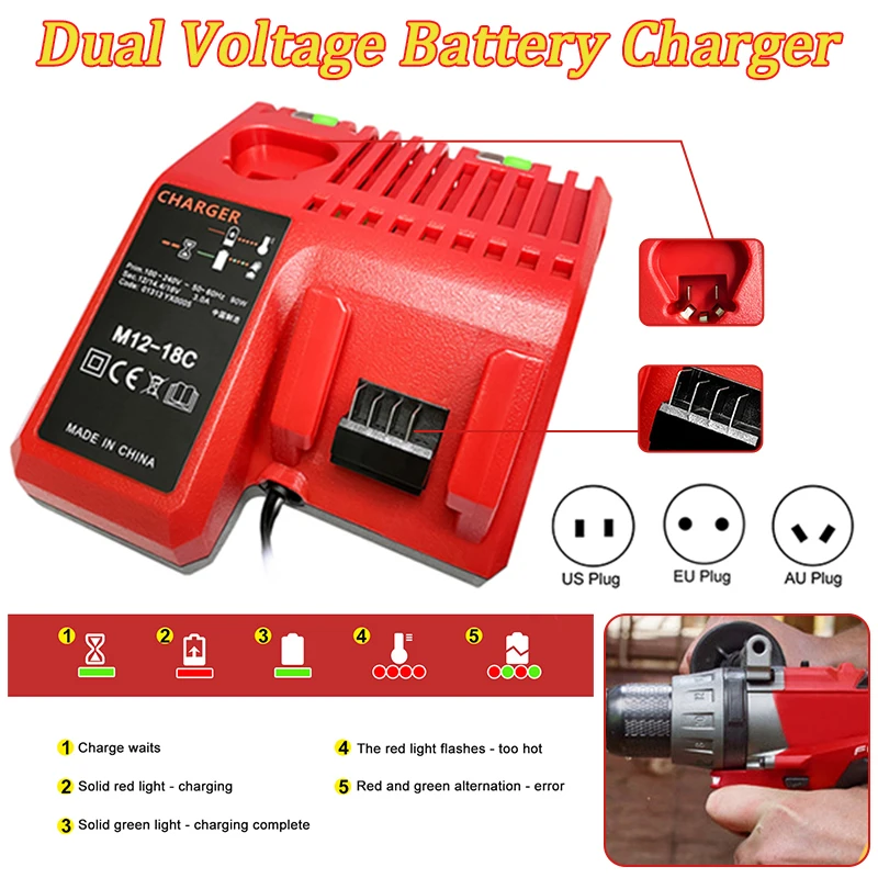 

Двойное зарядное устройство, универсальное зарядное устройство для литиевых батарей 12 в 14 в 18 в, высокая мощность для UL/VDE/3C/GS/SAA для Milwaukee M12-18