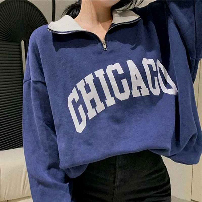 

Navy Gray Cotton Oversized POLO Shirt Sweatshirt Women Ladies Hihgh Street Vintage Letter Print POLO Shirt Y2K Top Casual Preppy