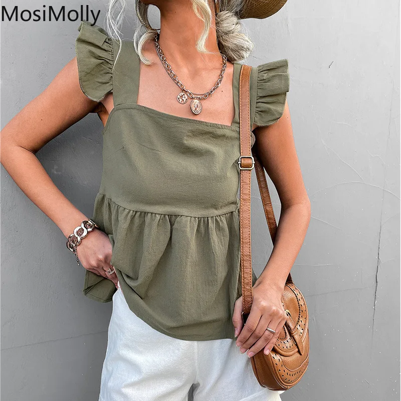 

MosiMolly 2022 Summer Ruffle Tops Women Casual Camisole Tops Sleeveless Tops