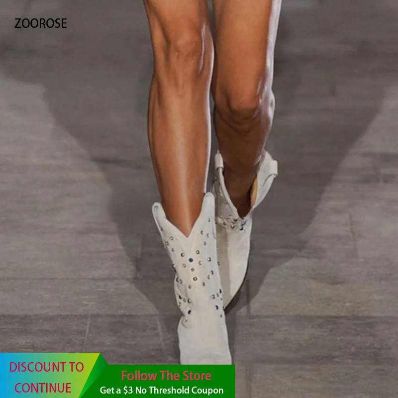 Женские ковбойские ботинки стразы замшевые ботильоны с кристаллами зимние белые