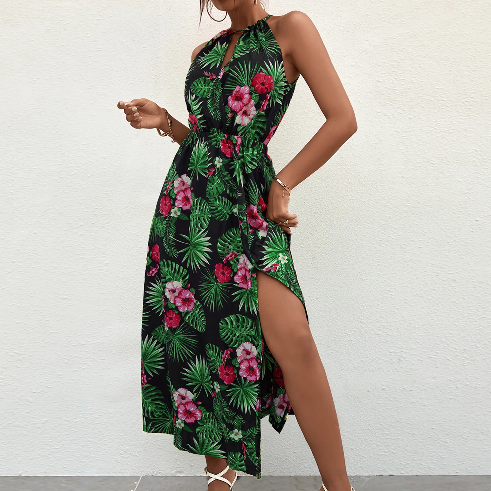 

Hollow Long Dress For Women Summer New Floral Print Dresses Women Clothing Sexy Party Vintage Women Halter Collar Dress Robe New
