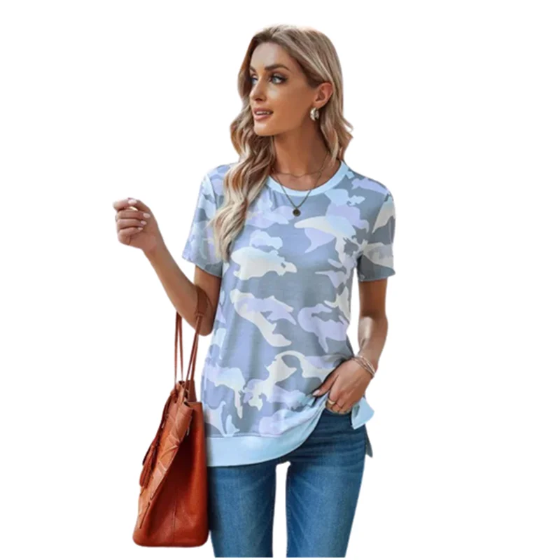 

Fashion Leopard Camouflage Printed Pullover Tops 2022 New Short Sleeve O-Neck T-Shirt Women Summer Casual Loose Side Slit Tops