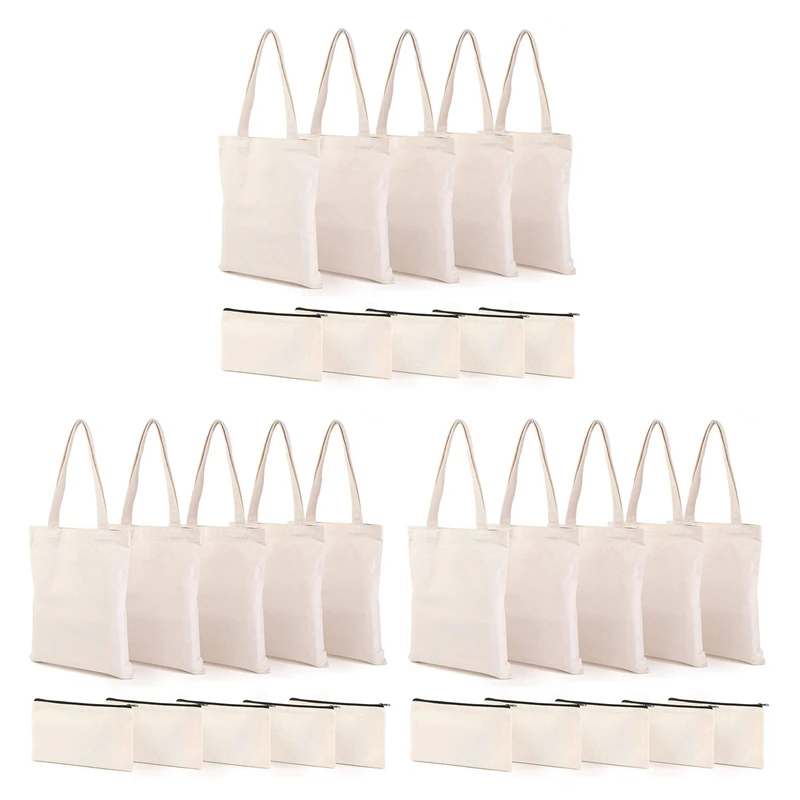 

3X Canvas Pencil Pouch Tote Bags Set,DIY Craft Blank Makeup Bags With Zip Canvas Pen Case DIY Reusable Shopping Bag