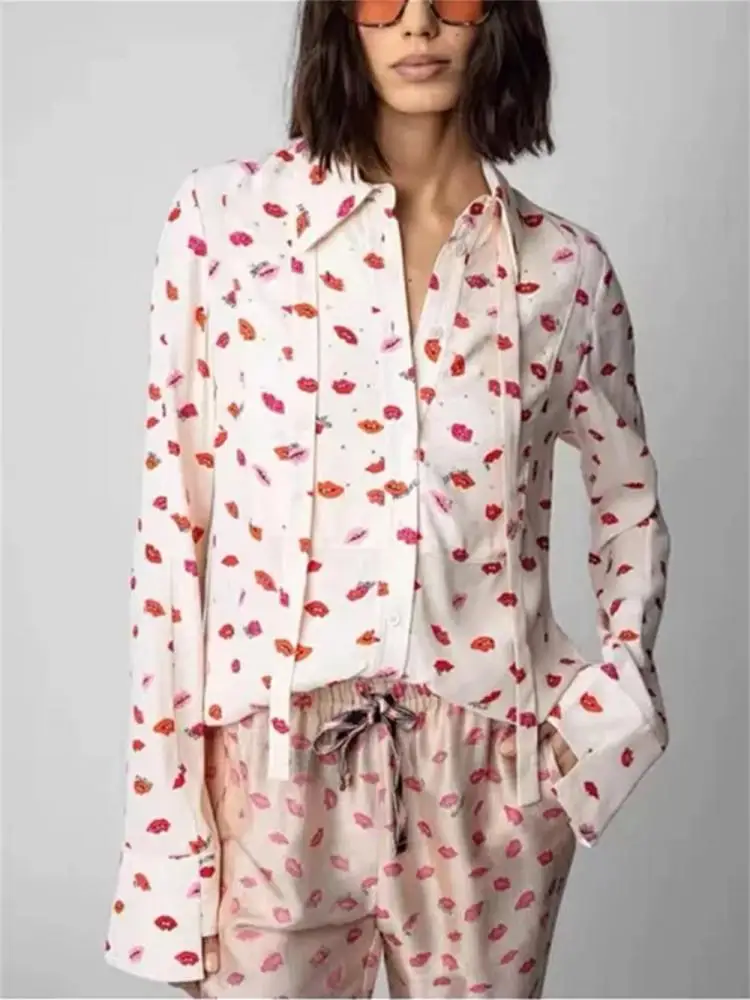 

Женская элегантная однобортная рубашка на завязках, Элегантная блузка с длинным рукавом и принтом в виде букв и красных губ, Новинка осени 2023