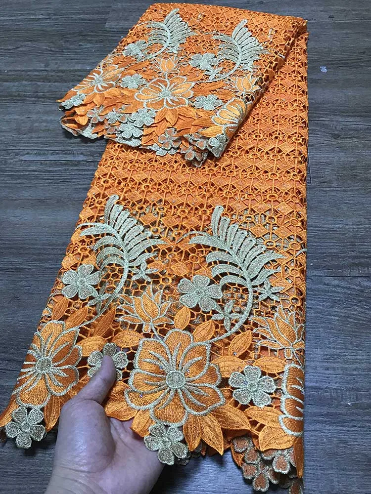 

Orange African Cord Guipure Lace Fabric High Quality Embroidery Lace Nigerian Water Soluble Lace Fabrics For Party Dress 5 Yards