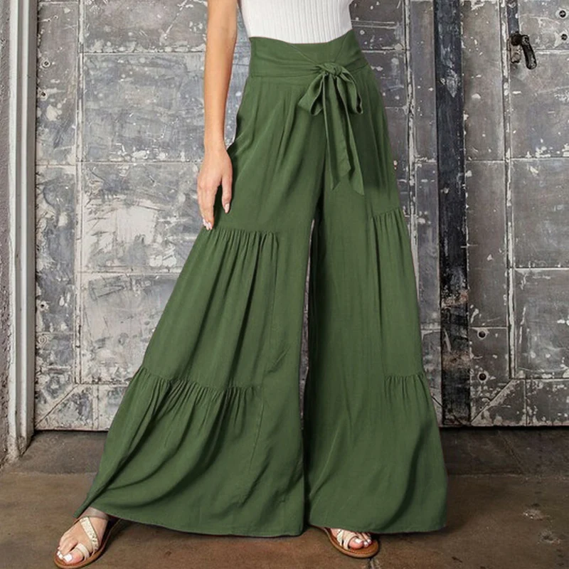 

Casual Loose Elastic Waist Pleated Long Pants for Women Elegant Solid Baggy Wide-leg Pants Fashion Strap Pantaloni Donna 25921