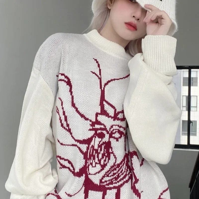 

Korean Sweater E-girl Harajuku Vintage Heart Vascular Jacquard Sweaters Hip Hop Women Pullover Outwear Top Autumn Knitwear Cute