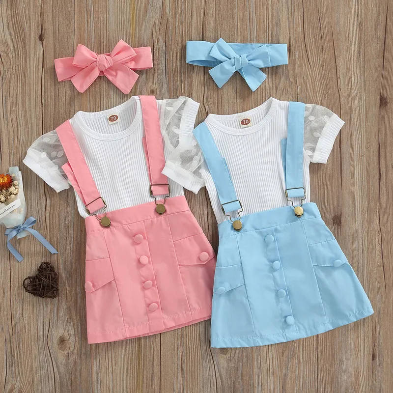 

Летний комплект из 3 предметов для маленьких девочек, однотонный комбинезон с коротким рукавом + юбка на бретелях + повязка на голову