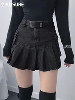 iamsure casual big pockets denim pleated skirt with shorts cargo skirts women preppy style mid waisted mini skirts streetwear