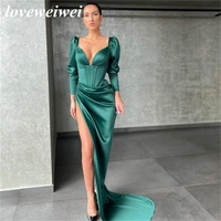 dark green sweatheart evening dresses long sleeves evening gown stain high split prom gown mermaid vestido de fiesta de boda
