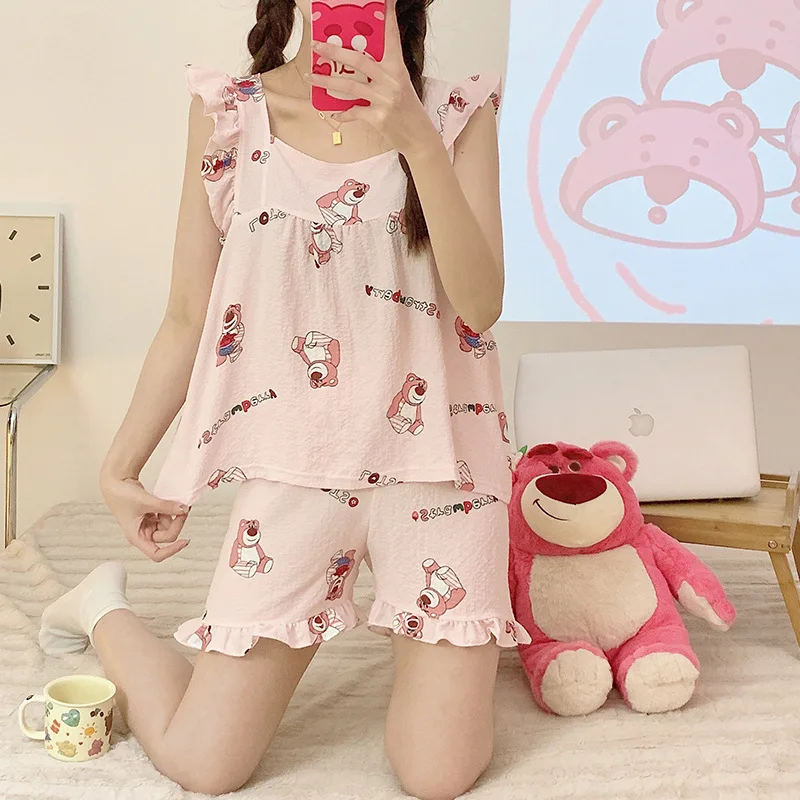 2023 New Summer Women Pajama Set Floral Printed Lace Gauze Cotton Pajamas Suspenders Sexy Night Homewear Sleeveless Sleepwear