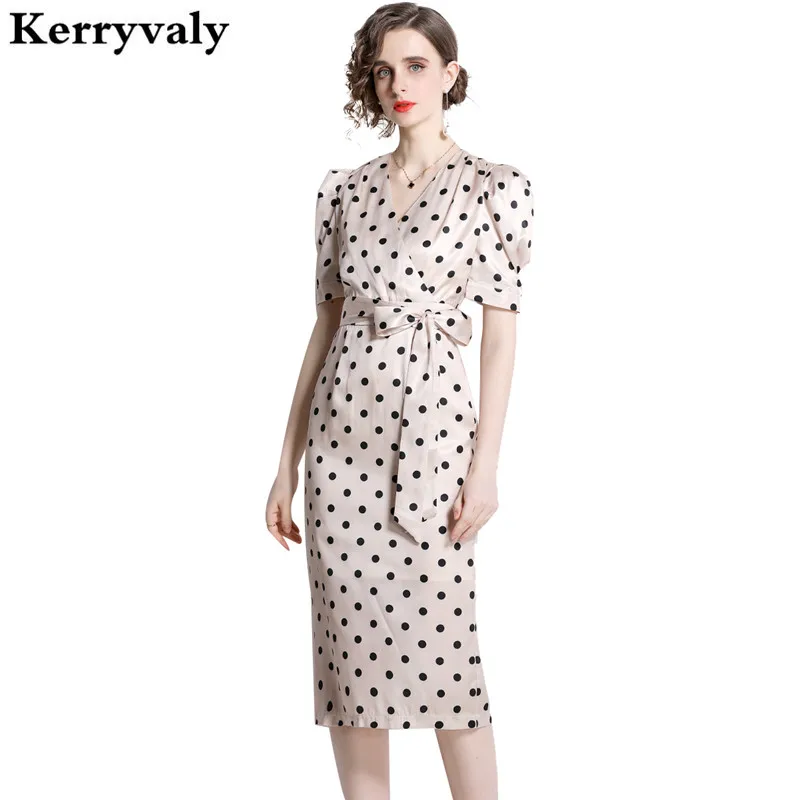 

Package Hips Spot Wave Point Women Dresses Summer 2020 Bubble Sleeve Split Thin V-neck Midi Dress Vestido Midi Elegante K6689