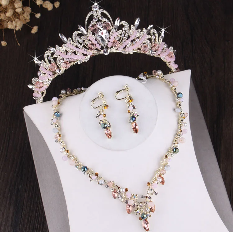 

Pink Crystal Wedding Bridal Jewelry Sets Women Bride Tiara Princess Crowns Earring Necklace Wedding Dubai Jewelry Accessories