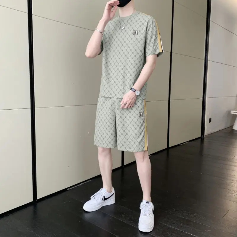 Men's Summer New Casual Ice Silk Suit Men's Trendy Handsome T-Shirt + Shorts Sports Two-Piece Suit Fashion Printed Suit