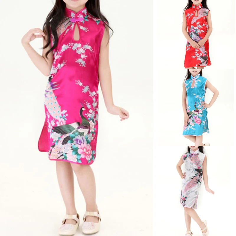 Vestido Cheongsam para niña, ropa de verano para bebé, pavo real sin mangas, ajustado, tradicional, estilo chino, Qipao, 2Y-8Y