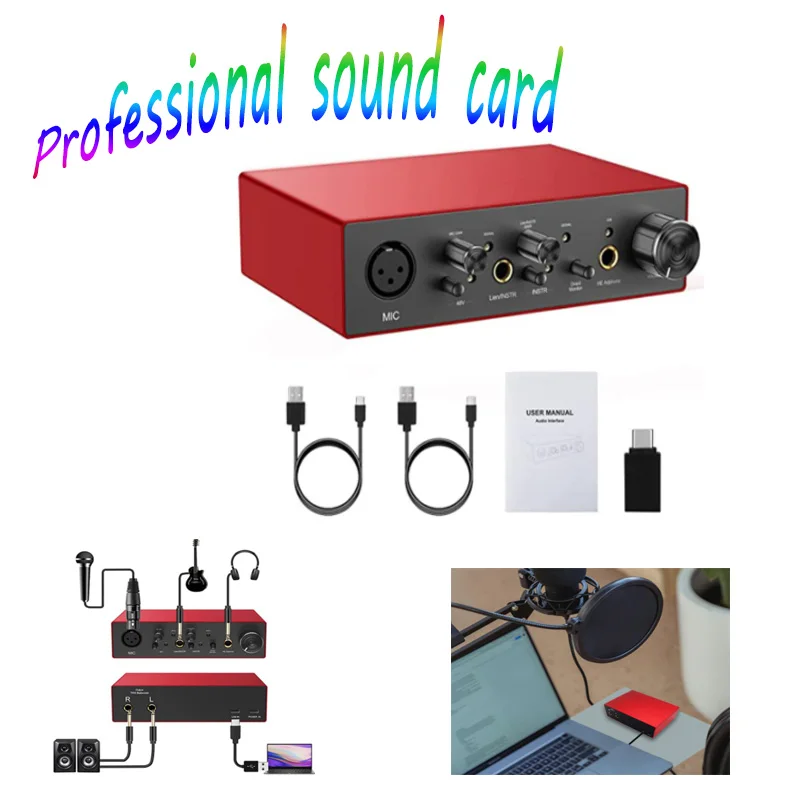 

ALLOYSEED Professional Sound Card For PC 2X2 USB External USB Audio Interface Card For Singing Guitar Dubbing Live Recording