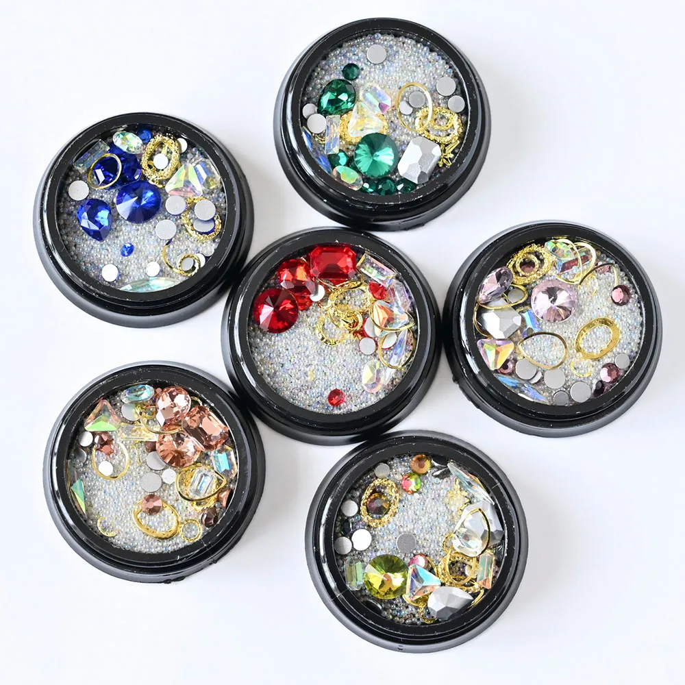 

1box Nail Decoration Charms Alloy Rivet Colorful Crystal Rhinestones Beads Mixed Jewelry Parts 3D Manicure Decoration Supplies