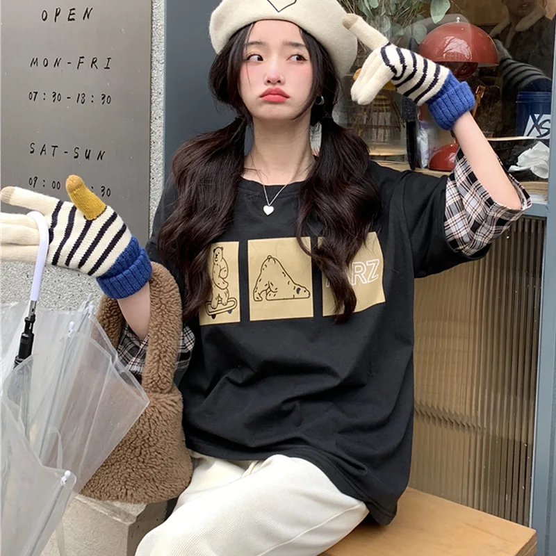 

2022 New Arrivals Women T-shirt cartoon printing Casual Short Sleeve T-shirts plaid patchwork fake two pieces Tops Woman T shirt