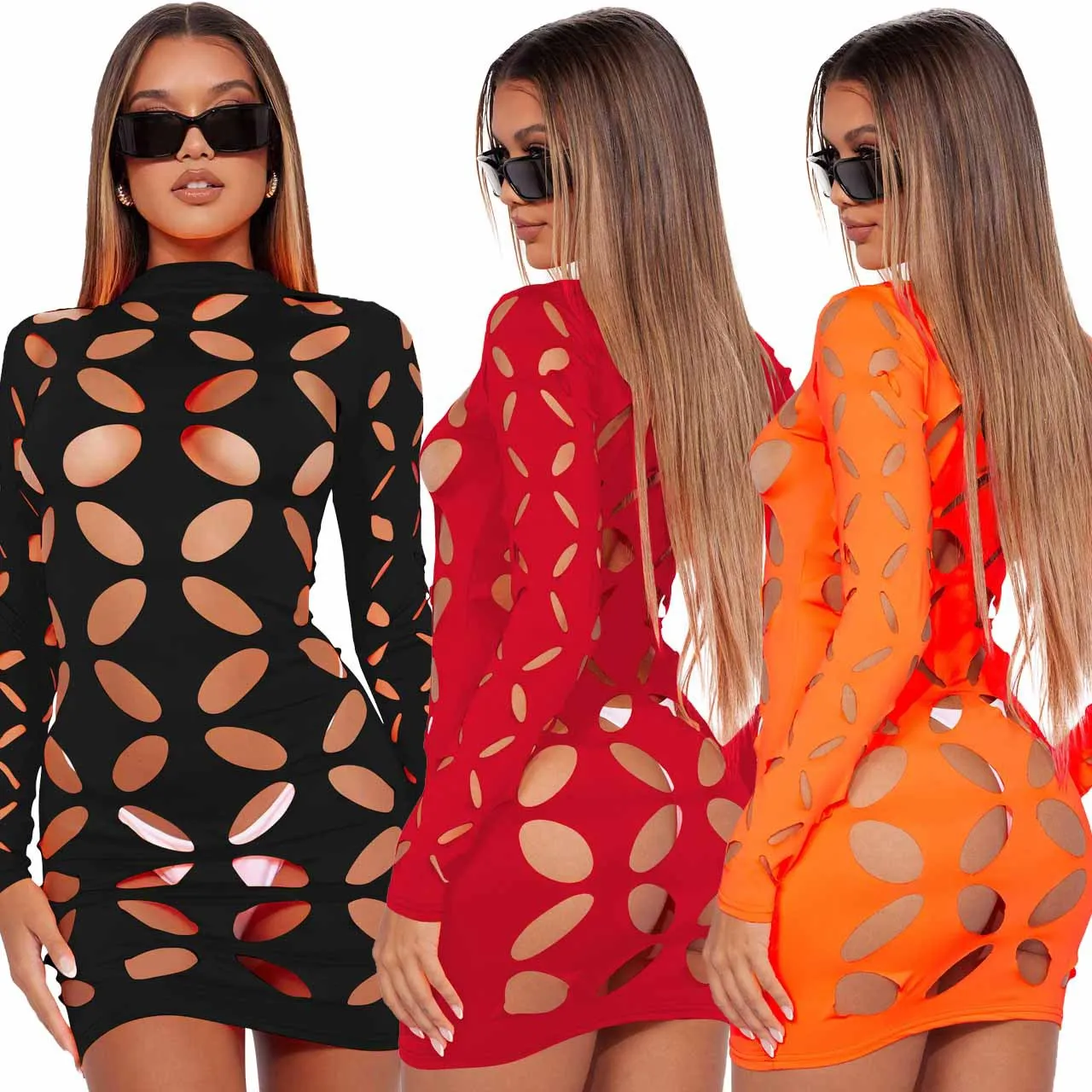 

Sexy See Through Women Bodycon Mini Beach Dress Whole Body Hollow Out Party Club Outfits Stretch Long Sleeve Short Nightdress