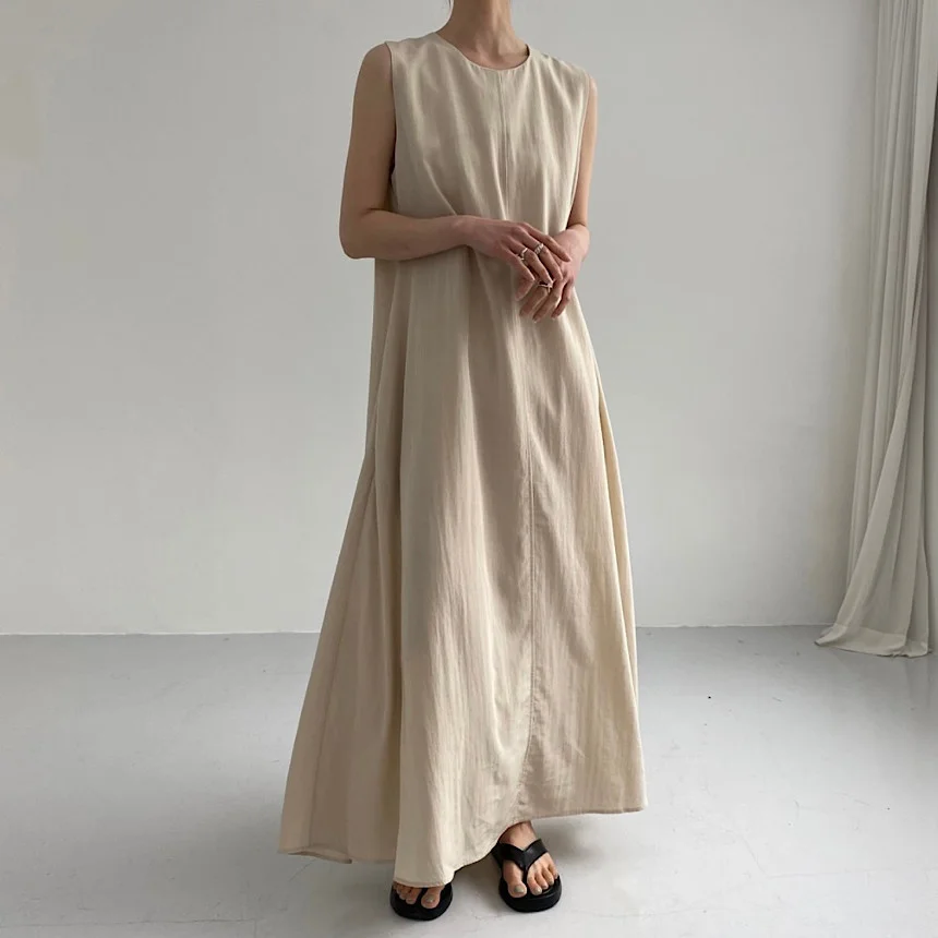 

Women's Long Dress 2022 Summer Japanese Korean Chic Casual Simple Solid Color Dresses Loose Sleeveless Office Lady A-line Dress