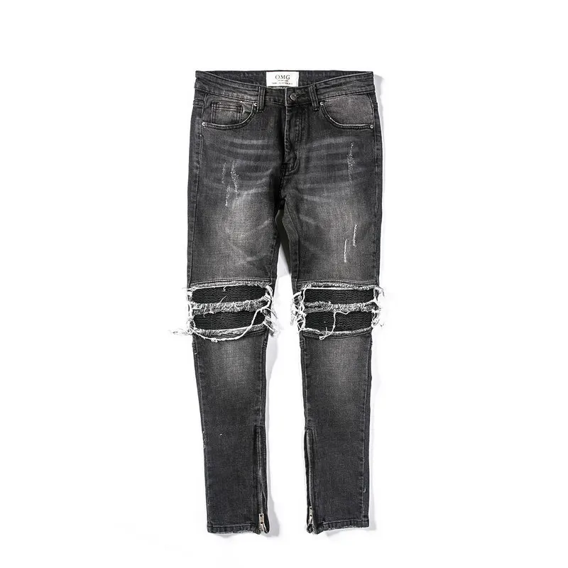Y2k Streetwear High Street Jeans for Men Black Blue Motorcycle Leather Skinny Jeans Mid Waist Jeans Men