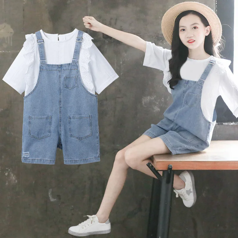 2022 летний женский костюм детская белая футболка + джинсовые короткие брюки