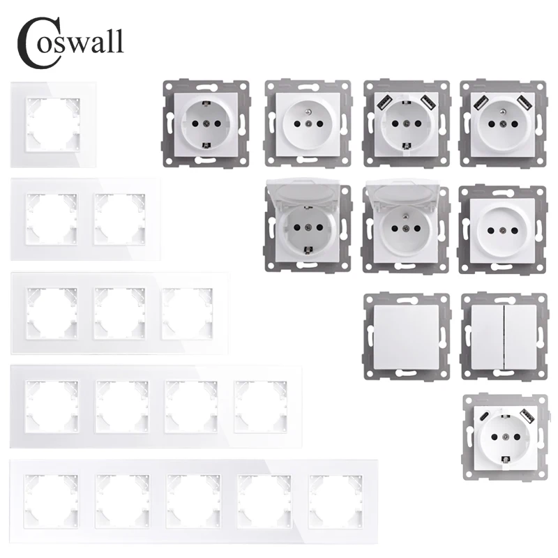 

COSWALL White Glass Panel Wall Rocker / Touch Switch EU Standard Socket USB Type-A & C Charger Internet Satellite TV Module DIY