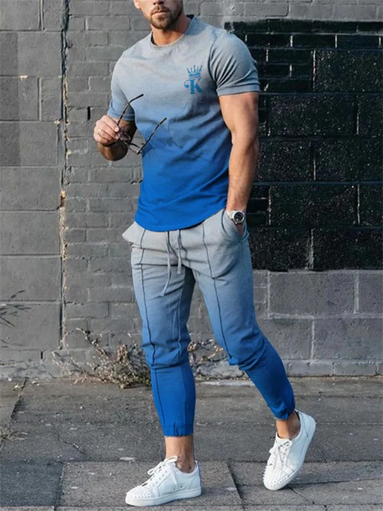Summer Tracksuit Men Short Sleeve Letter K Casual Trousers Outfit 2 Piece T Shirt Long Pants Set Streetwear Blue Sport Suits
