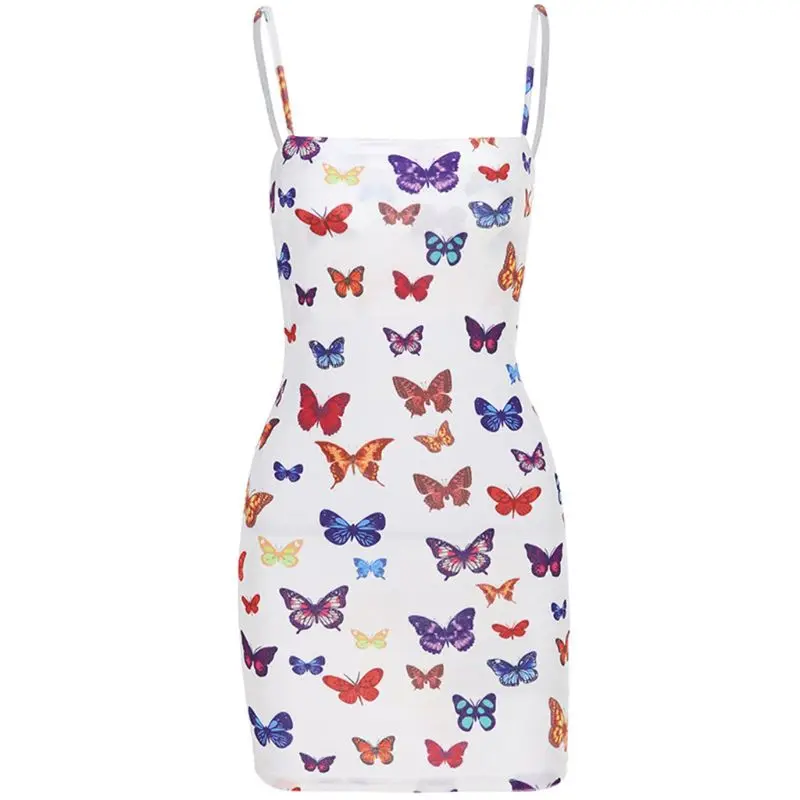 

Women Sexy Sleeveless Colorful Butterfly Print Bodycon Mini Sling Dress Spaghetti Straps Off Shoulder Package Hip Festival Party