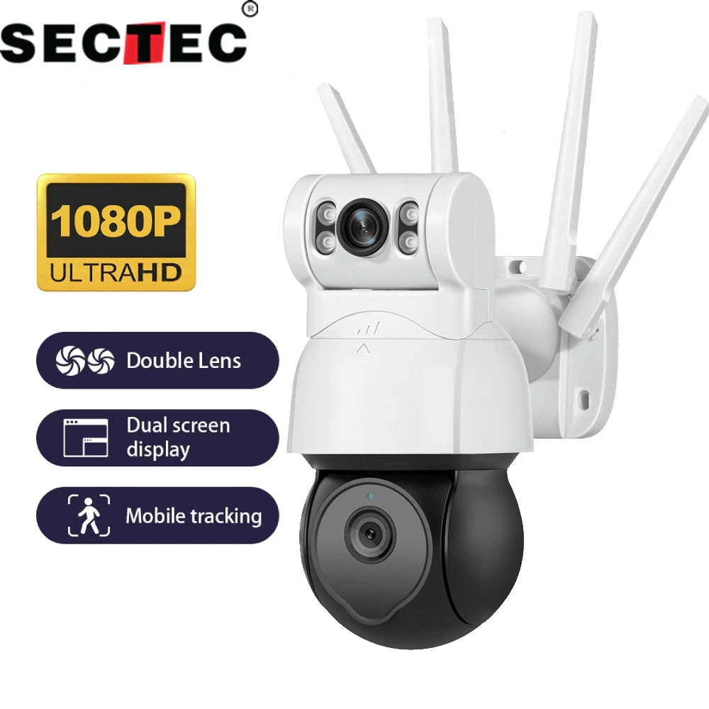 

SECTEC Dual Lens 1080P Surveillance Camera Mobile Tracking Weather Proof Two-way Talk the Dual Lens Outdoor Security PTZ Cam