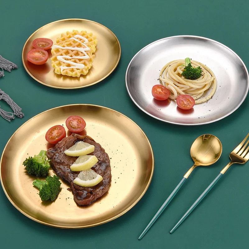 Поднос для еды из нержавеющей стали золотистая Серебристая круглая обеденная