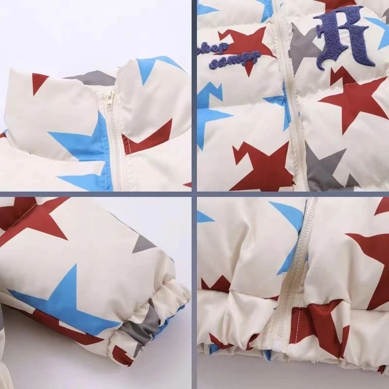 Vintage Harajuku Star Print Cotton Filler Coat Women's Winter Vintage Loose Thickened Warm Coat Embroidered Stand Collar Jacket