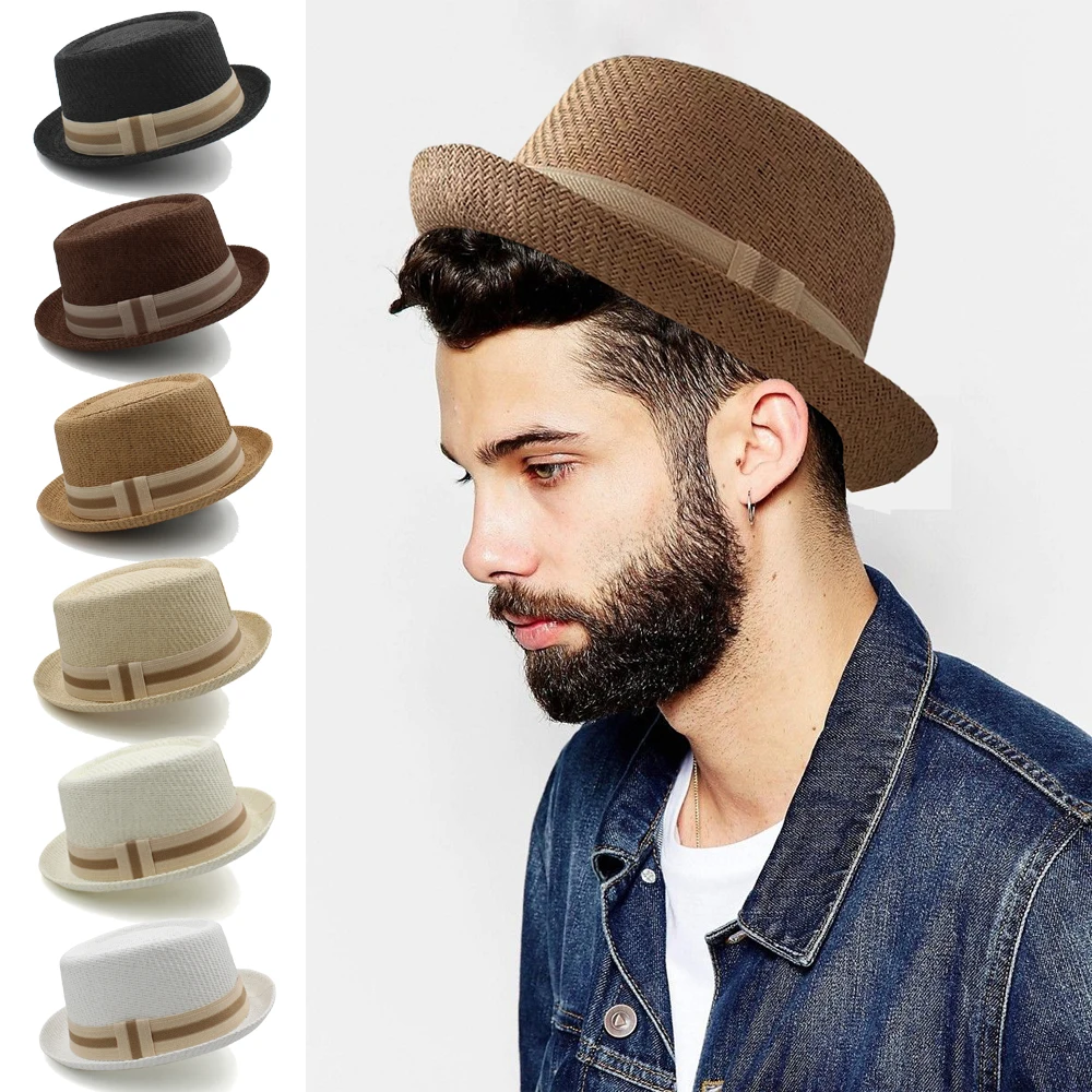 

Men Women Straw Pork Pie Hats Summer Sunhat Boater Caps Sailor Sombrero Street Fedora Trilby Outdoor Travel US Size 7 1/4 UK L