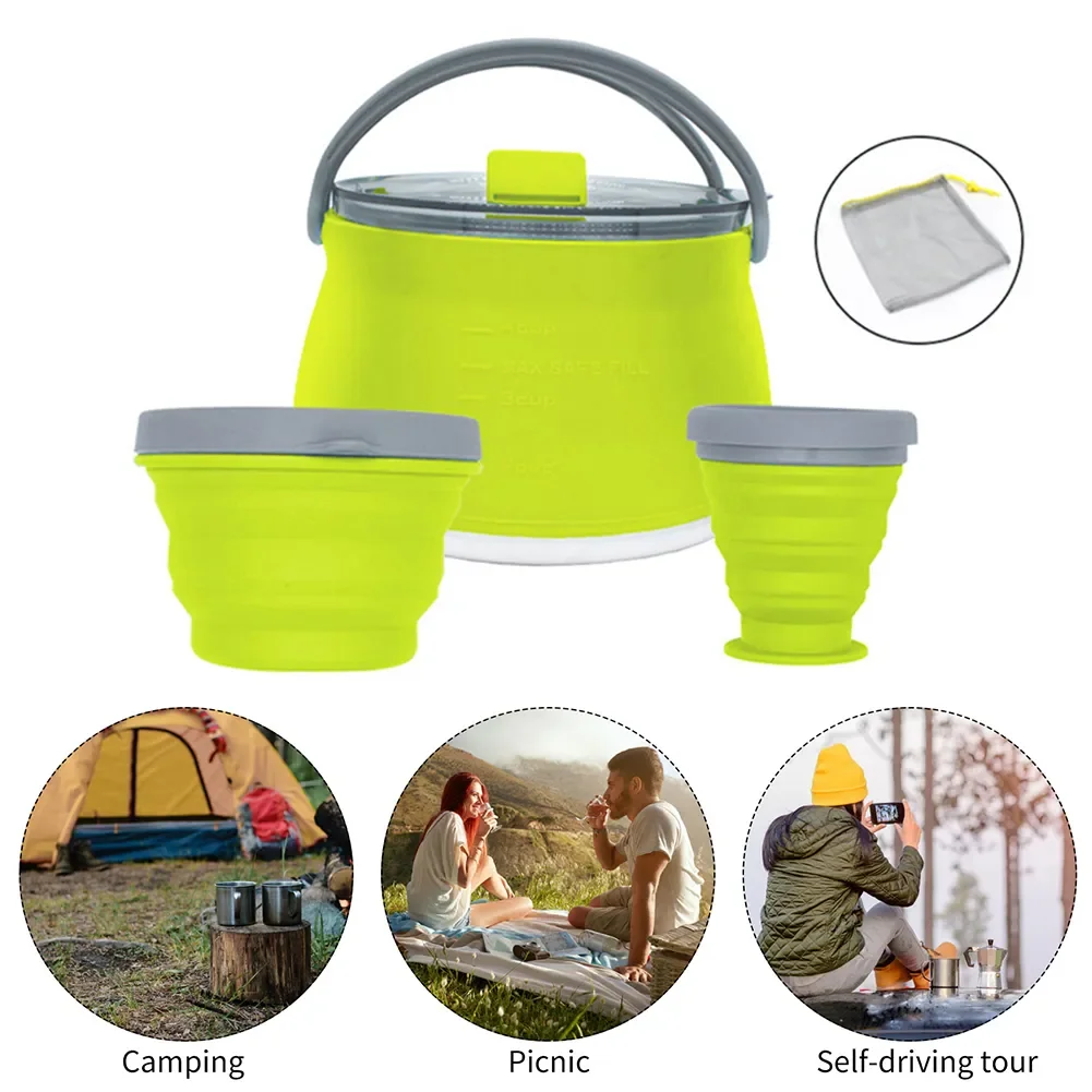 

Portable Silicone Kettle Outdoor Foldable Stainless Steel Bottom Folding Kettle Tableware Camping Essential