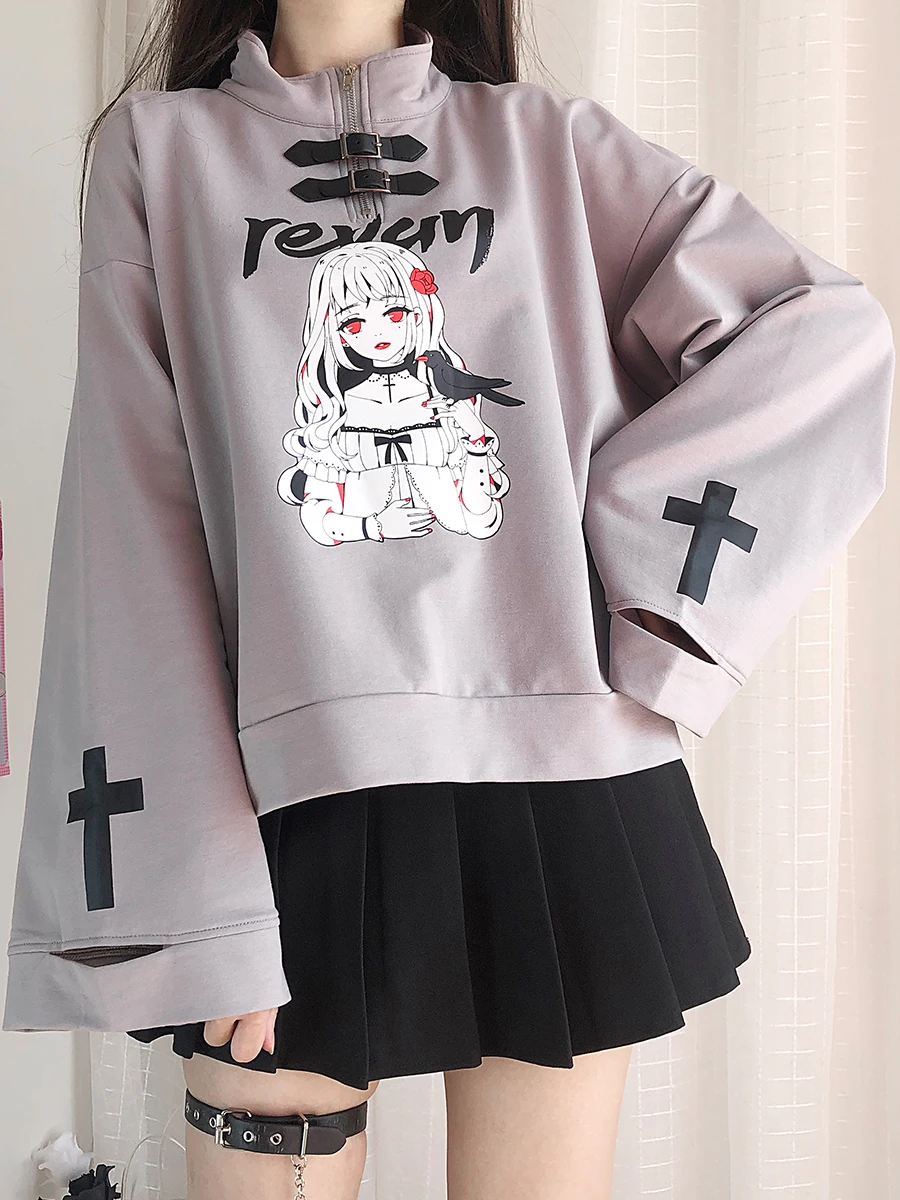 

Fashion Lolita Hoody Pu Button Zipper Sweater Design Dark Gothic New Cool Autumn Winter Japanese Kawaii Loose Loli Coat Top