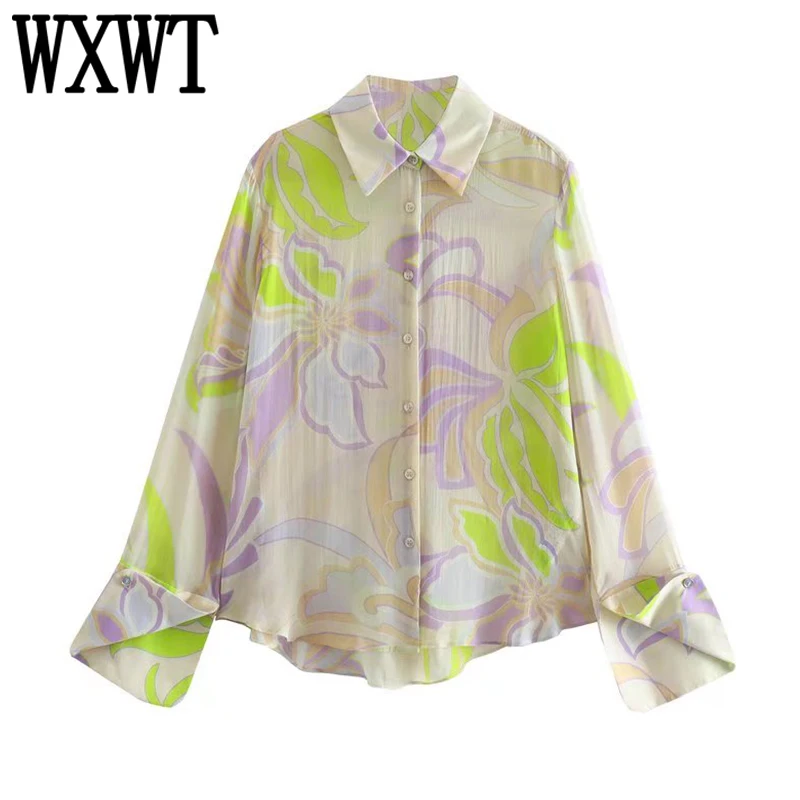 

WXWT Women Print Spring Shirt Camisas Mujer Long Sleeve Single Breasted Blouse Female Chic Tops 2022 OZZ1470