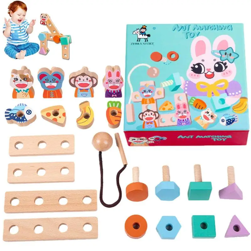 

Wooden Nuts And Bolts Toys For Toddlers Lacing Bead Set Educational Stringing Toy Montessori Stacking Learning Game Threading To