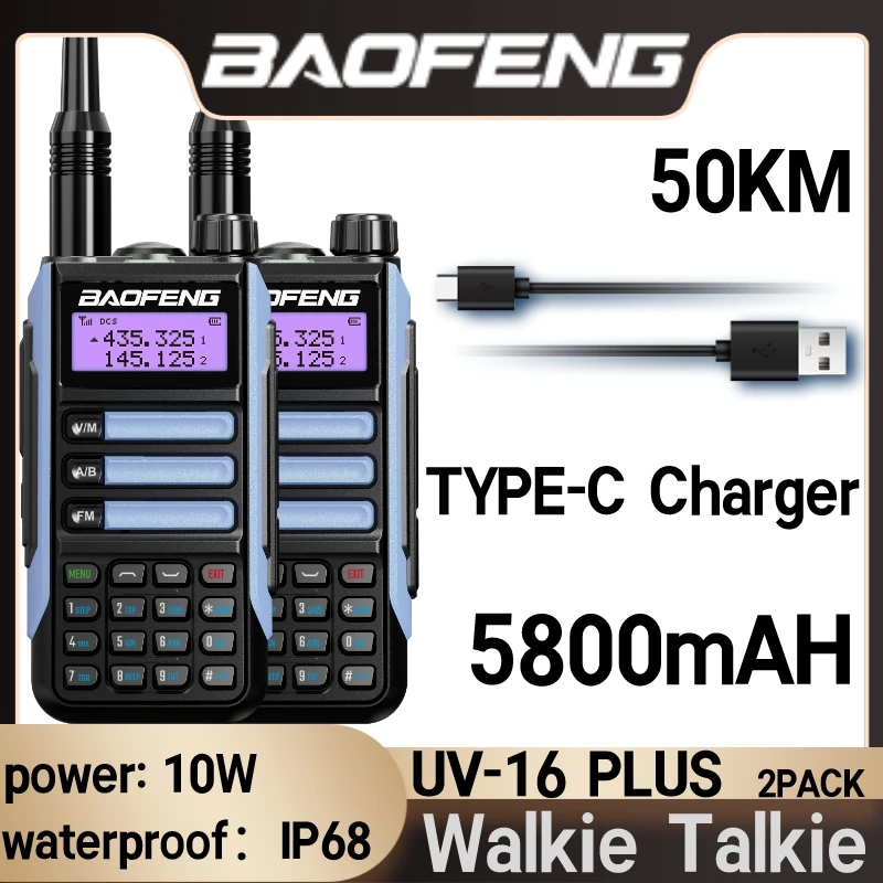 Baofeng UV-16 PLUS 2PACK Professional Walkie Talkie Long Range 50km Receiver Dual Band Two Way Radio CB FM Transceiver