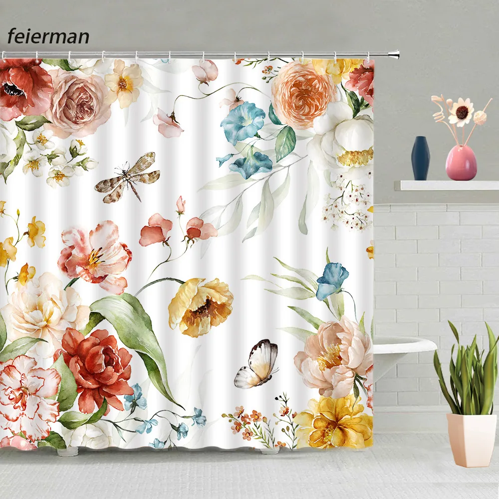

Занавеска для душа с цветами в деревенском стиле, s-образные бабочки, акварельные розы, цветочное растение, художественный тканевый Декор дл...