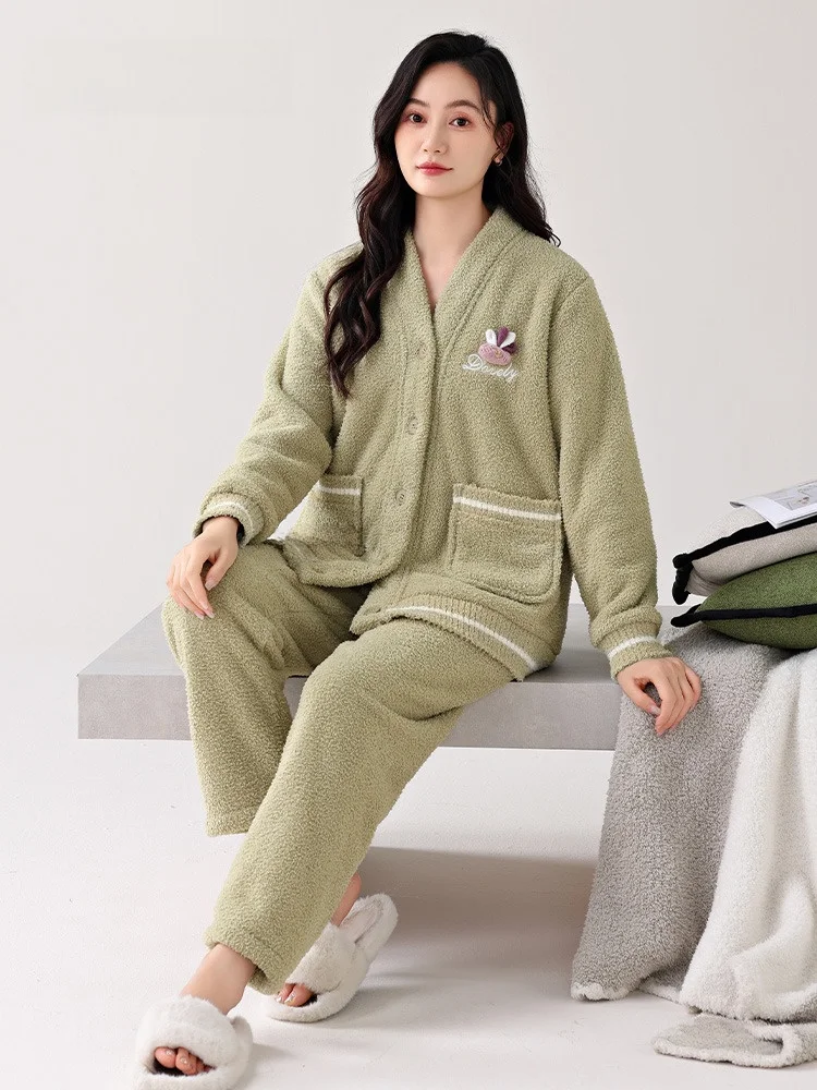 Древние и современные женские пижамы осенне-зимние фланелевые полуутолщенные