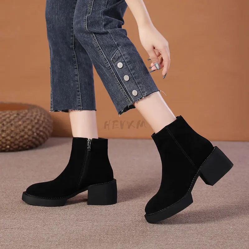 2023 Thick Heels Women Ankle Boots Mature Concise Cow Suede Leather Shoes Woman Autumn Winter Office Ladies Casual Classic