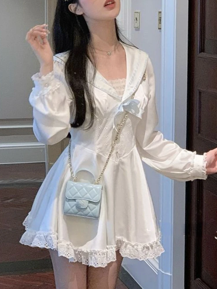 

Осеннее однотонное милое сказочное платье, женское повседневное вечернее вечерние-платье с длинным рукавом, женское повседневное корейско...