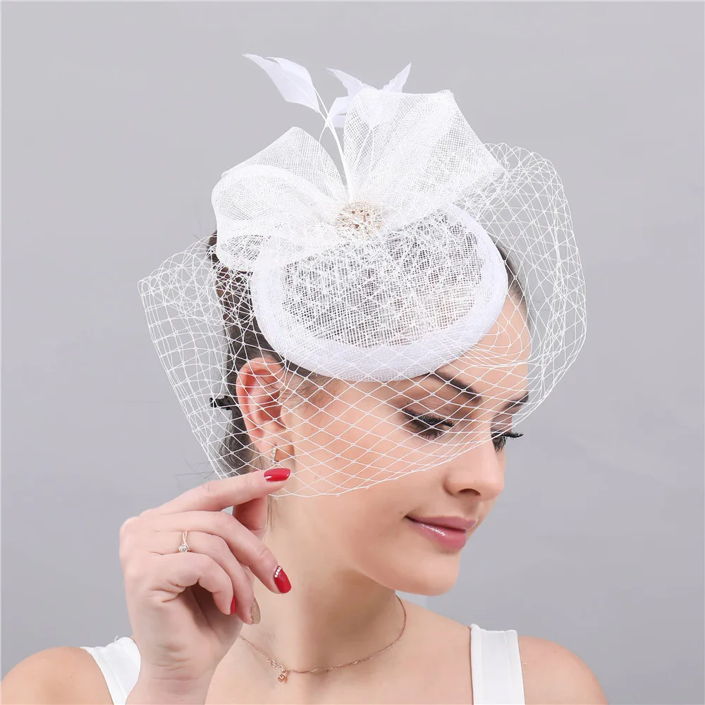 

Bridal Married Wedding White Fascinators Chapeau Veils Hats Elegant Ladies Women Occasion Church Mesh Feather Headwear Headbands