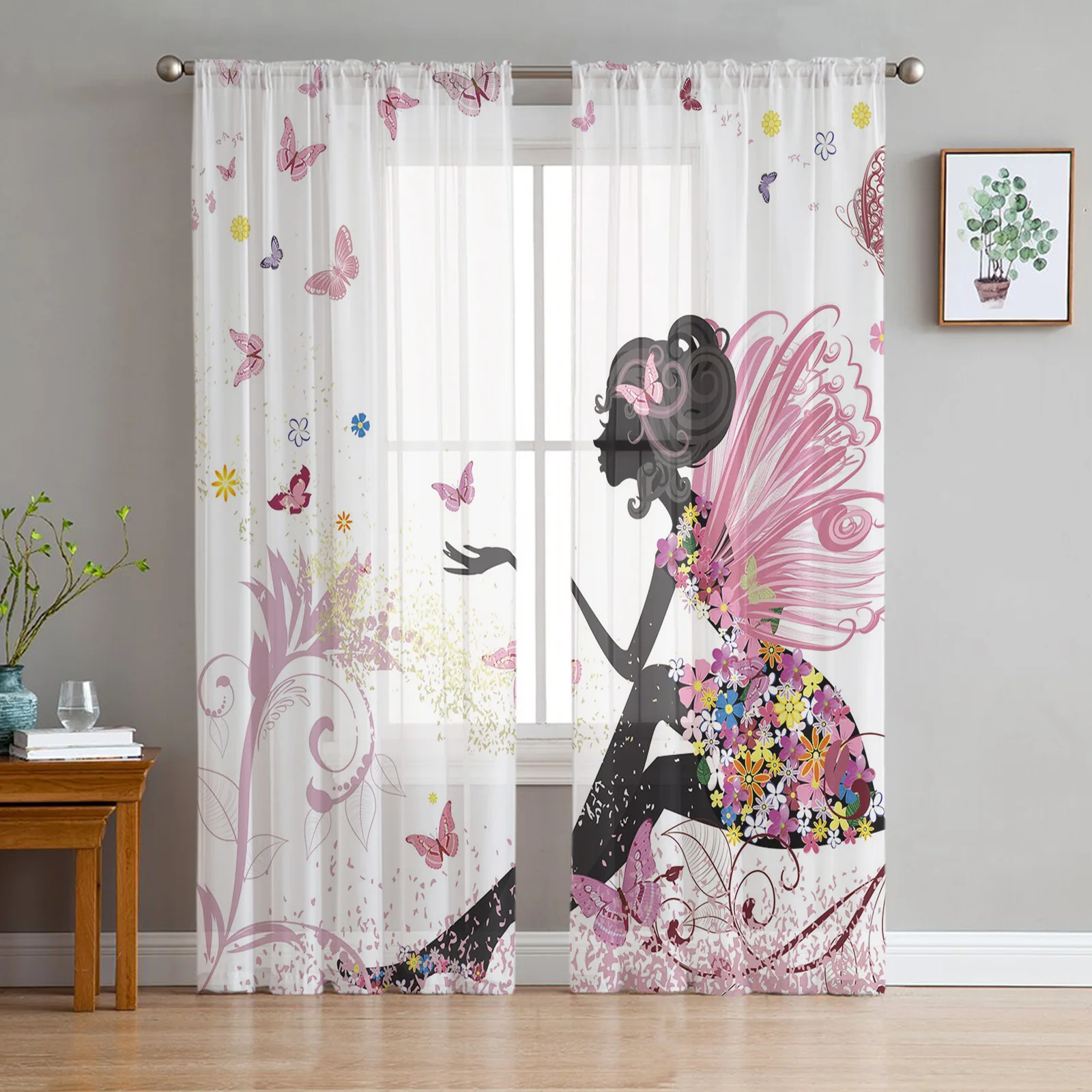 

Cartoon Butterfly Flower Fairy Girl Pink White Chiffon Sheer Curtains Living Room Bedroom Decoration Window Voiles Tulle Curtain