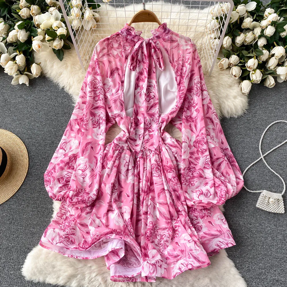 

Женское мини-платье с круглым вырезом, длинным рукавом-фонариком, открытой спиной и принтом, весна-осень 2022