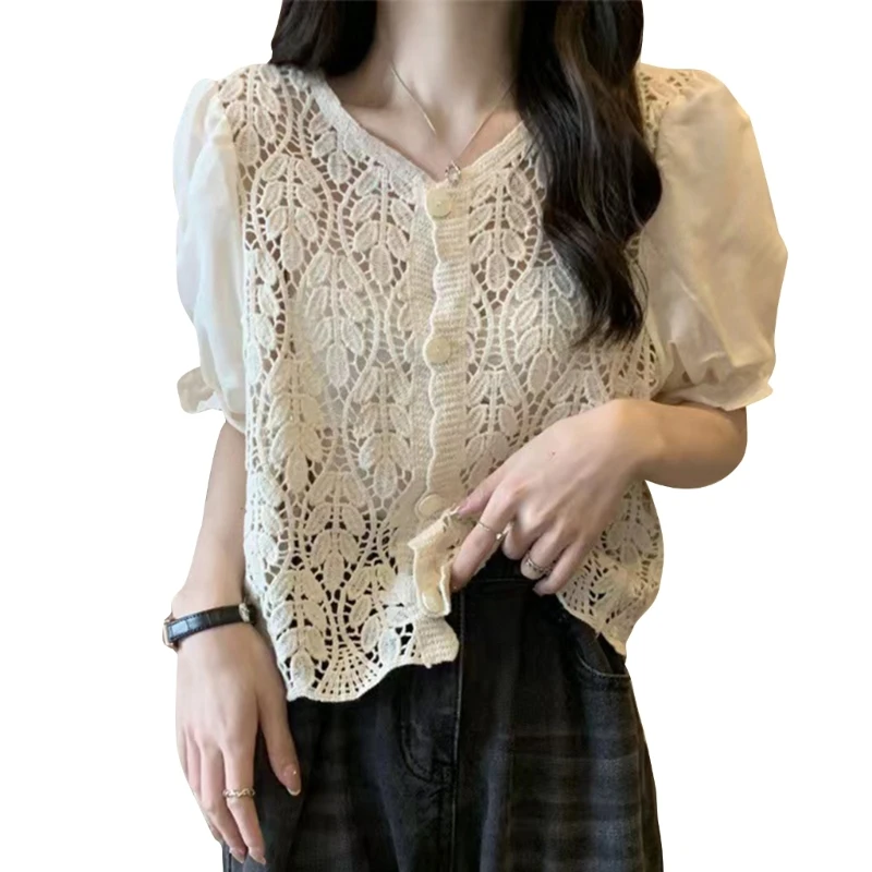 

Women Elegant V-Neck Button Up Cropped Cardigan Top Chiffon Puff Short Sleeve Hollow Crochet Knit Leaves Blouse Shirts