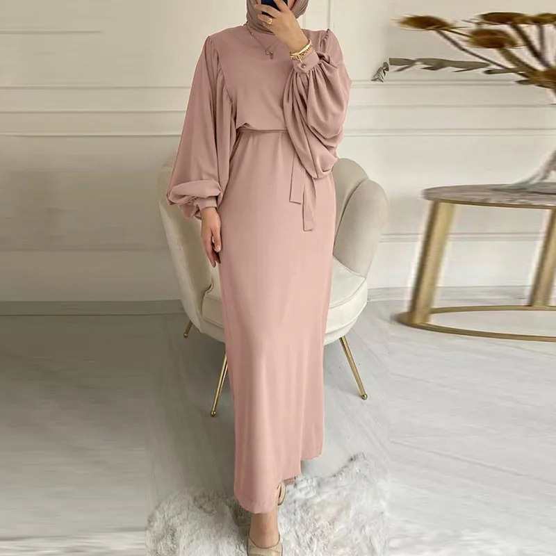 Maxi Dubai Abaya Robes Elegant Muslim Dress for Women Fashion Belted Party Solid Long Sleeve Turkey Plain Islamic  جلابيه نسائية